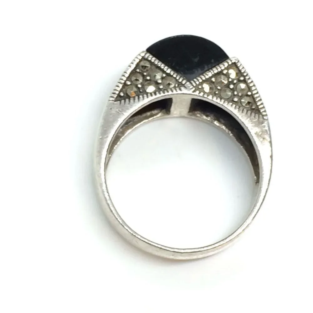STERLING SILVER RING Black Stone Marcasite Domed Statement Boho Sz 9.25